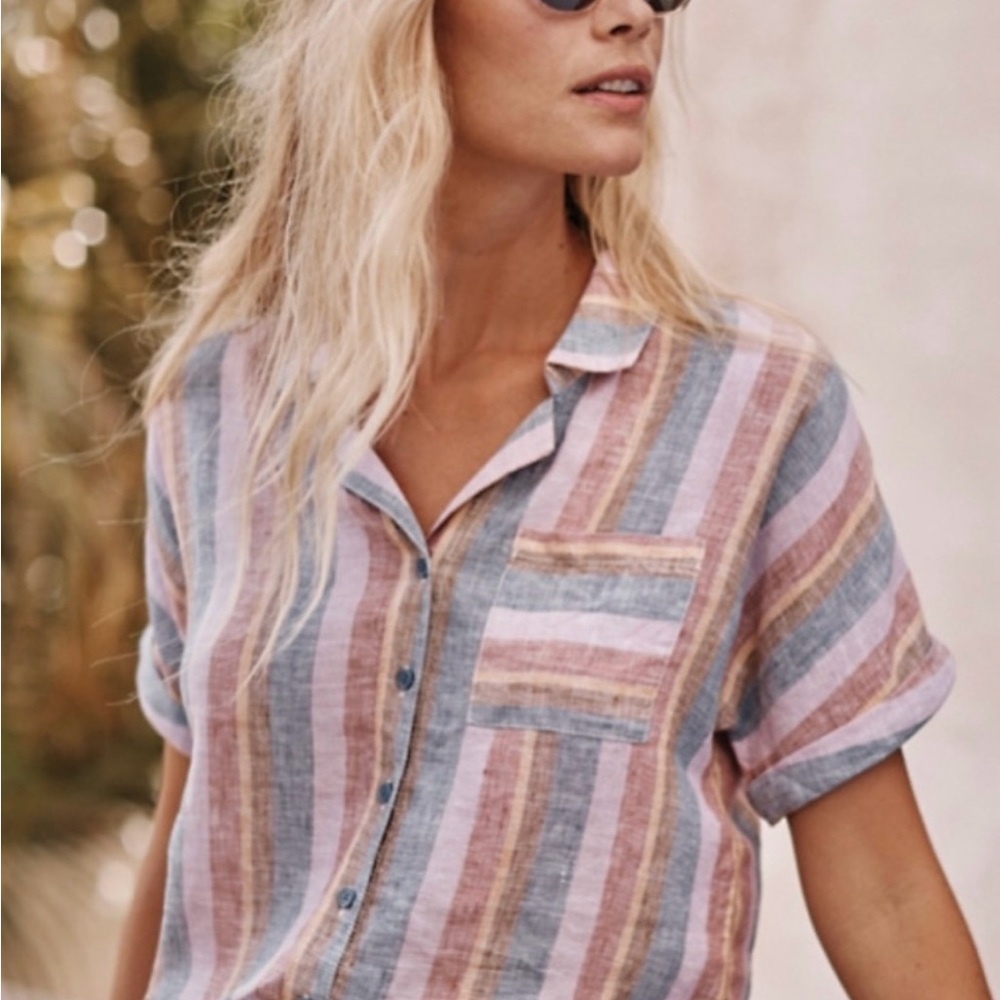 Garnet Hill 100% Linen Short Sleeve Button Up Down Blouse Shirt Top | Size 12